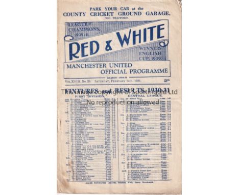 MAN UNITED Programme Manchester United v West Ham United 14/2/1931. Some staining. Half-times in pencil. Fair 