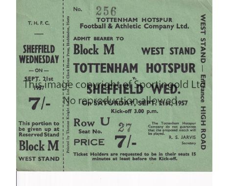 SPURS Unused ticket Tottenham Hotspur v Sheffield Wednesday 21/9/1957. Light vertical fold at reverse. Generally good 
