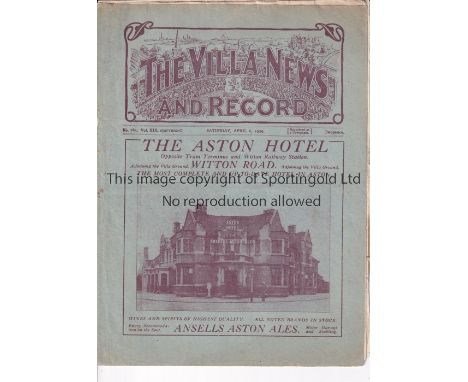 ASTON VILLA V ARSENAL 1929 Programme for the League match at Villa 6/4/1929, tape on centre pages. Fair to generally good