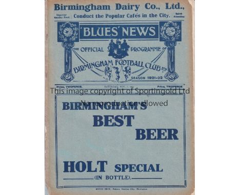 BIRMINGHAM V ARSENAL 1921 Programme for the League match at Birmingham 5/11/1921, slightly creased, scores entered and repair