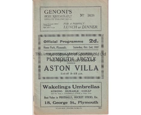 PLYMOUTH ARGYLE V ASTON VILLA 1937 League Division 2 match at Plymouth 2/10/1937 Aston Villa won the league this season. Very