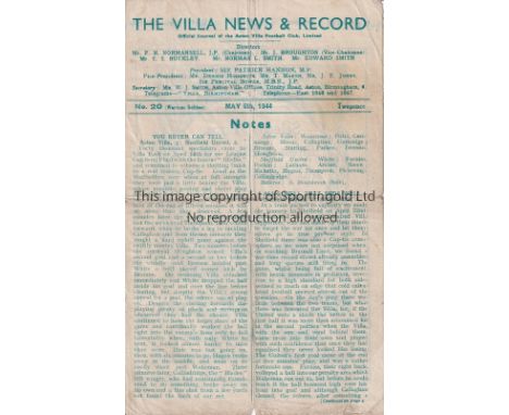 WAR CUP FINAL 1944 Four page programme Aston Villa v Blackpool War Cup North Final at Villa Park 6/5/1944. Frayed edges. Scor