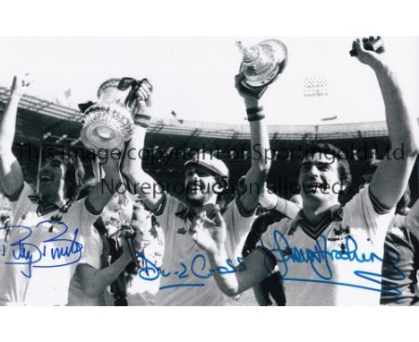 WEST HAM UNITED 1980 B/W 12 x 8 photo of Brooking, Bonds and Cross celebrating with the FA Cup following a 1-0 victory over A
