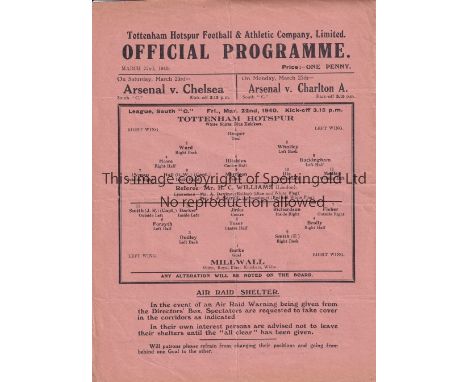 SPURS Single sheet programme Tottenham Hotspur v Millwall Football League South "C" 22/3/1940. Light folds. No writing. Gener