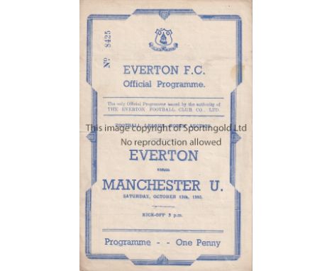 EVERTON Four page home programme v Manchester United 13/10/1945. Light horizontal fold. Score, scorers. Generally good 