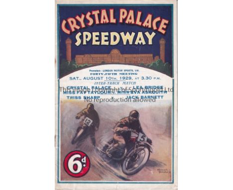 SPEEDWAY CRYSTAL PALACE Crystal Palace Speedway home programme v Lea Bridge 10/8/1929. Lacks staples with usual results inser