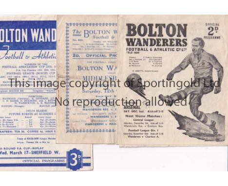 BOLTON Three Bolton Wanderers home programmes v Middlesbrough 1946/47, Arsenal 1950/51 and Sheffield Wednesday (FAC6R) 1953/5