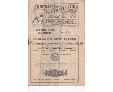 BURNLEY V ARSENAL 1924 Programme for the League match at Burnley 13/12/1924, vertical creases and slightly worn. Fair