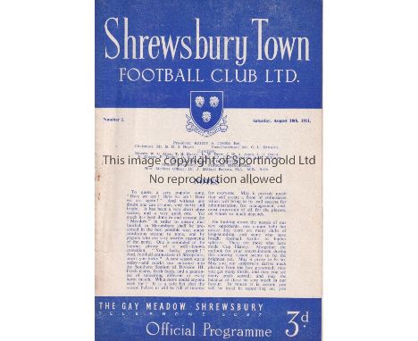 SHREWSBURY Home programme v Watford 18/8/1951. Light rust at staple. No writing. Generally good