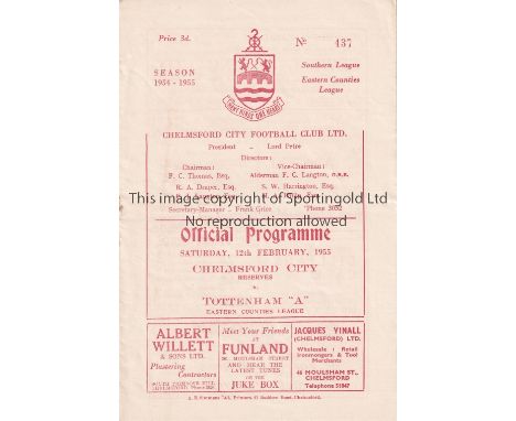 TOTTENHAM HOTSPUR Programme for the away Eastern Counties League match v. Chelmsford City Reserves 12/2/1955, slight horizont