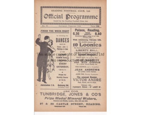 READING V ARSENAL Programme for the Friendly match at Reading 10/2/1923. Ex-binder. Generally good