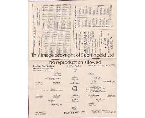 ARSENAL Programme for the home London Combination match v Portsmouth 24/12/1938, slight vertical crease and name on top of co