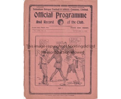 TOTTENHAM V ARSENAL 1923 Programme for the League match at Tottenham 24/11/1923, slight worn down spine. Fair
