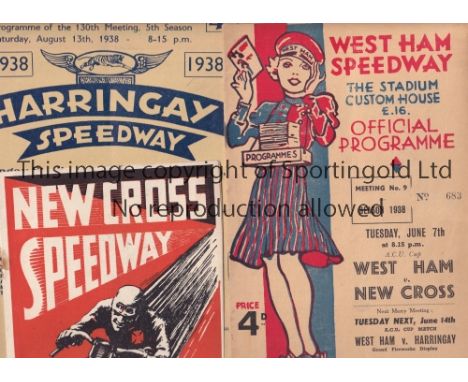 SPEEDWAY 1938 Three programmes from 1938. West Ham v New Cross 7/6/1938, New Cross v West Ham 31/8/1938 (lacks staples) and H
