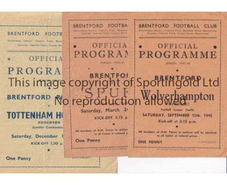 BRENTFORD Two 4 page War League home programmes v Tottenham 24/3/1945 (score on front and on line up pages) and Wolverhampton