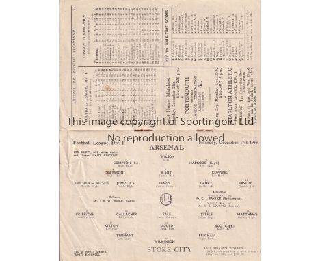 ARSENAL Home programme v Stoke City 17/12/1938. Rusty staples. No writing , light creasing, rusty staples. Fair - generally g