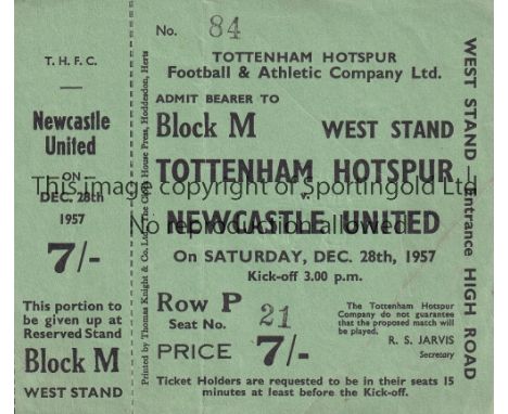 SPURS Unused ticket Tottenham Hotspur v Newcastle United 28/12/1957. Light vertical fold at reverse with a name written. Gene