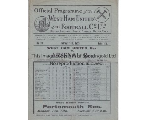 WEST HAM UNITED V ARSENAL 1933 Programme for the London Combination match at West Ham 11/2/1933, slightly folded in four. Gen