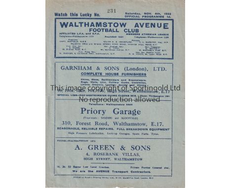WALTHAMSTOW AVENUE Four page home programme v Dulwich Hamlet London Charity Cup Semi Final 4/11/1933. Light horizontal fold. 