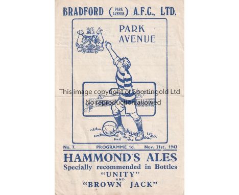 BRADFORD PARK AVENUE Home programme v. Barnsley 21/11/1942, slightly creased and minor paper loss from back page, no print af