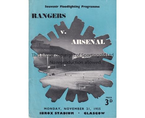 RANGERS V ARSENAL 1955 Programme for the Friendly at Ibrox 21/11/1955, minor split on spine. Generally good