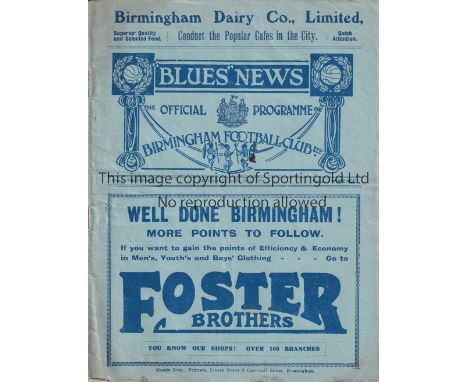 BIRMINGHAM Programme Birmingham City v Liverpool 29/11/1924. Lacks staples. Half-times in pencil. Small mark on front. Fair 