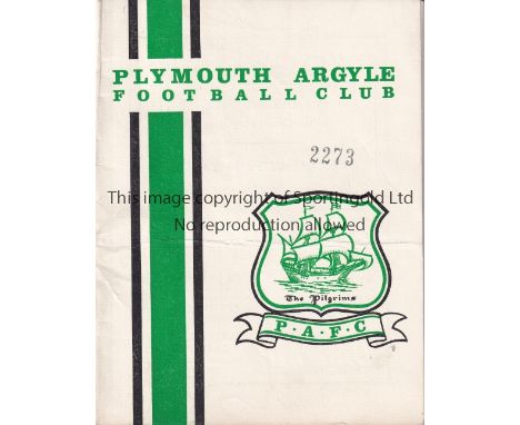 PLYMOUTH Home programme v Leicester City League Cup Semi Final 2nd Leg 10/2/1965. Light horizontal fold. No writing. Generall