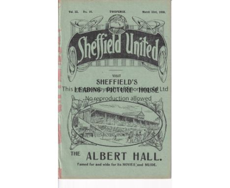SHEFFIELD UNITED V ARSENAL 1929 Programme for the League match at Sheffield 23/3/1929. Ex-binder. Generally good
