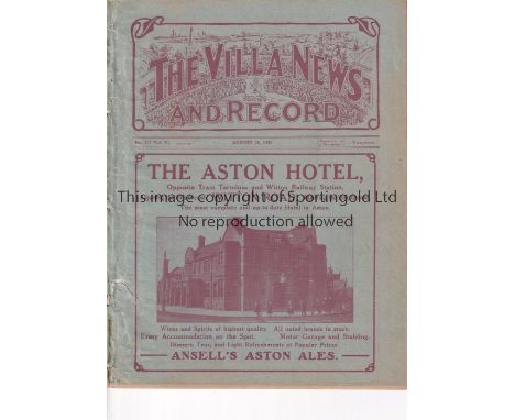 ASTON VILLA V ARSENAL 1920 Programme for the League match at Villa 28/8/1920, ex-binder, cover slightly worn. Fair - generall