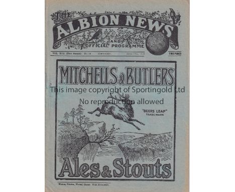 WEST BROMWICH ALBION V ARSENAL 1922 Programme for the League match at Albion 17/4/1922, scores entered. Generally good