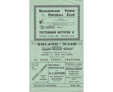 TOTTENHAM HOTSPUR Programme for the away Eastern Counties League Cup match v. Biggleswade Town 1/9/1960. Good