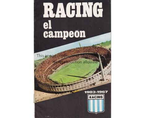 1967 INTERCONTINENTAL CUP Programme for Racing Club of Buenos Aires at home to Celtic 1967, very slight horizontal crease. Ge