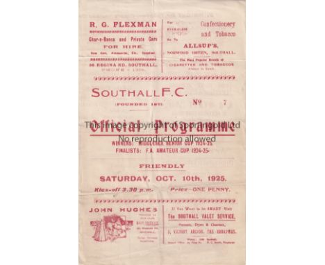 SOUTHALL V ARSENAL 1925 Programme for the Friendly match at Southall 10/10/1925, horizontal creases and minor split spine at 