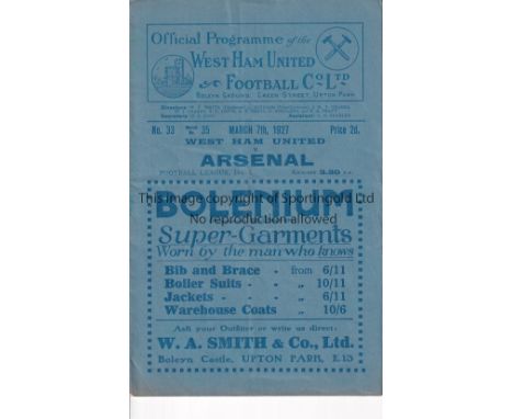 WEST HAM UNITED V ARSENAL 1927 Programme for the League match at West Ham 7/3/1927, slightly creased and pencil team changes.