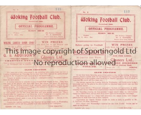 WOKING Two programmes, both 4 pagers, Woking v Tufnell Park Isthmian League 12/9/1925 and v Dulwich Hamlet 5/9/1925 Light fol