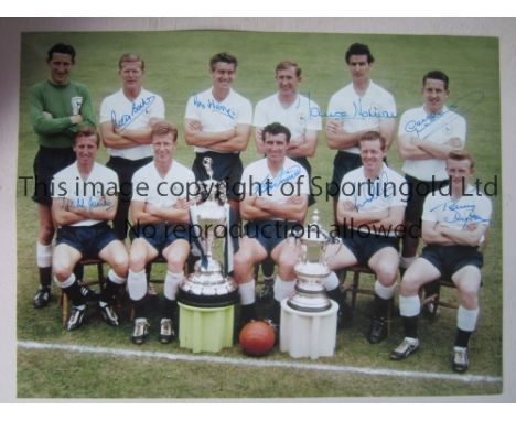 TOTTENHAM Colour 16 x 12 photo showing players posing with the First Division trophy and the FA Cup following their double-wi