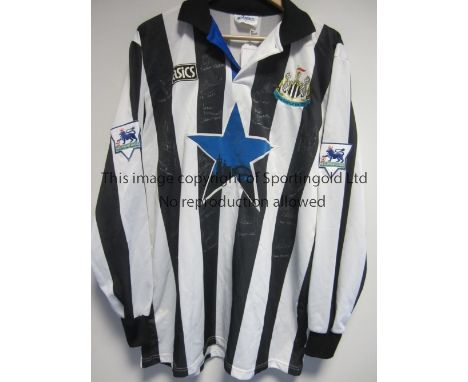 NEWCASTLE UNITED A home black &amp; white long sleeve Asics shirt 1993-1995 with a blue star shirt sponsor on the front, Prem