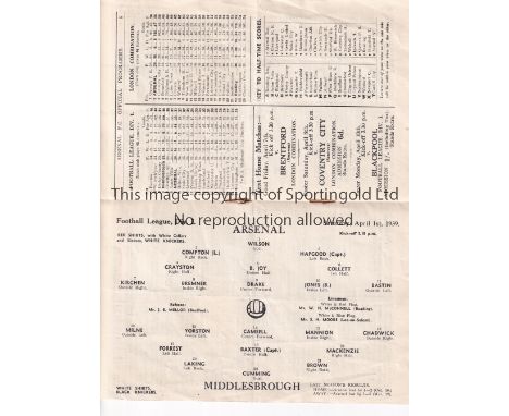 ARSENAL Home programme v Middlesbrough 1/4/39. No writing, light fold. Fair - generally good.