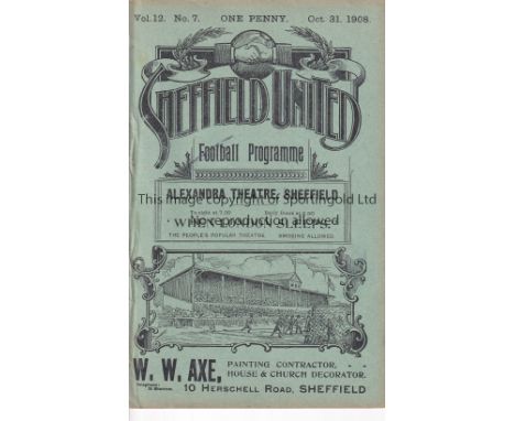 SHEFFIELD UNITED V ARSENAL 1908 Programme for the League match at Sheffield 31/10/1908, ex-binder. Generally good
