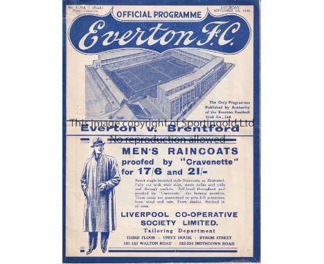 EVERTON V BRENTFORD 1936 Programme for the League match at Everton 5/9/1936, very slightly creased and scores entered. Includ
