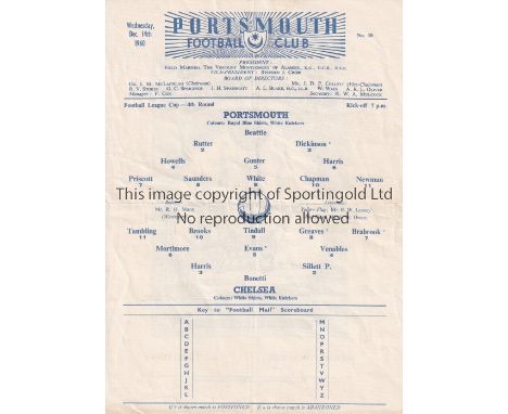 PORTSMOUTH Single sheet home programme v Chelsea League Cup 4th Round 14/12/1960. 1st Season League Cup. Regarded as one of t