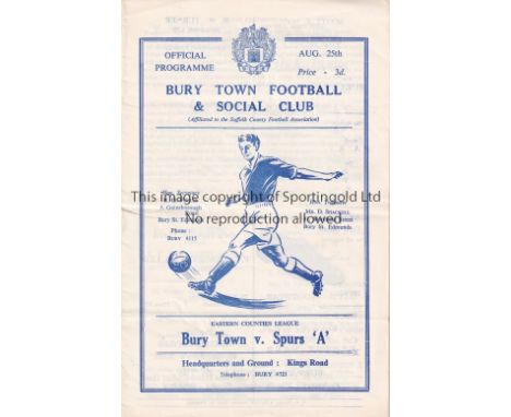 TOTTENHAM HOTSPUR Programme for the away Eastern Counties League match v. Bury Town 25/8/1962, slightly creased. Generally go