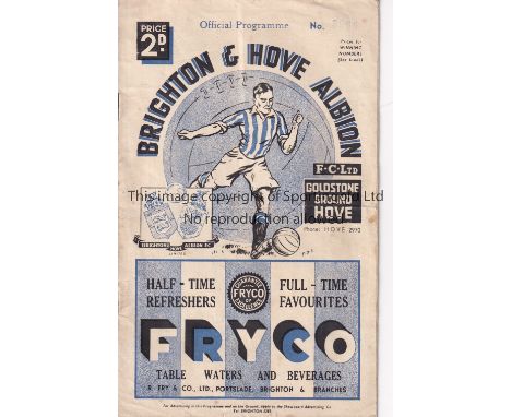 BRIGHTON Home programme v Southend United 3/9/1938. Some light foxing. No writing. Fair to generally good 