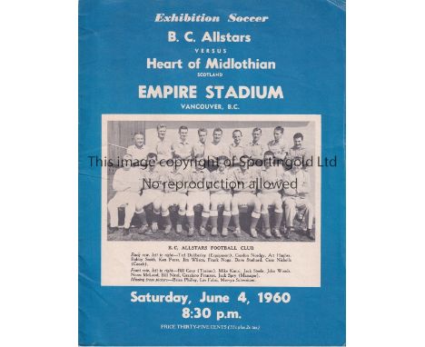 HEARTS Programme for the away Friendly v. British Columbia Allstars 4/6/1960 in Vancouver. The programme also includes pen pi