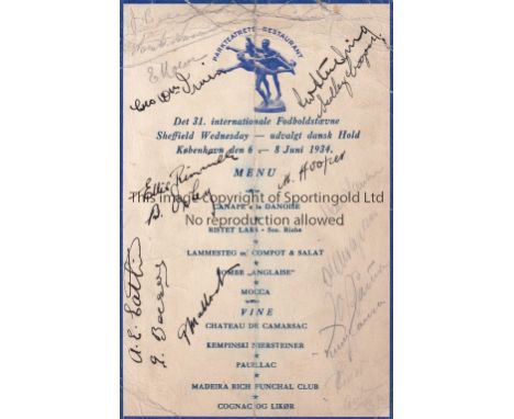 SHEFFIELD WEDNESDAY Signed menu (30+) from the Parkteatrets Restaurant in Copenhagen during Sheffield Wednesday's tour of Den