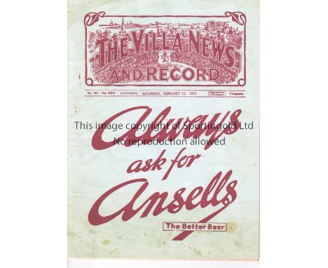 ASTON VILLA V COWDENBEATH 1932 Programme for the Friendly match at Villa 13/2/1932. Ex-bound volume with a replacement cover 