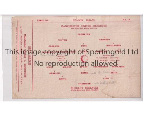 MAN UNITED Home Reserves single sheet v Burnley 9/4/1955. slightly creased and pencil team changes. Generally good