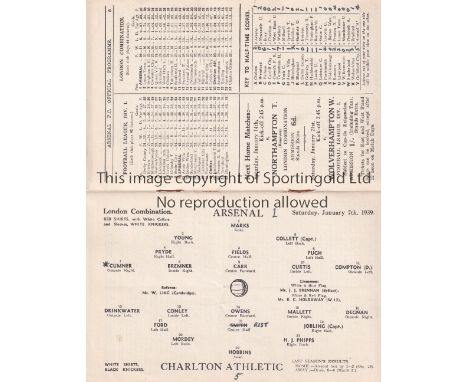 ARSENAL Programme for the home London Combination match v Charlton 7/1/1939, scores entered. Generally good