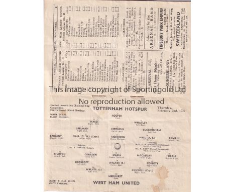 WEST HAM / SPURS / ARSENAL Programme Tottenham Hotspur v West Ham United at Highbury FA Cup 4th Round 3rd Replay 2/2/1939. So