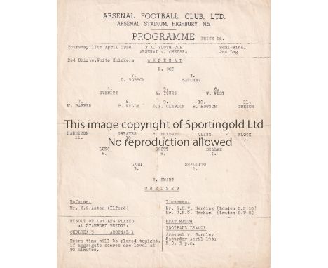 ARSENAL V CHELSEA YOUTH CUP S-F 1958 Single sheet programme for the Youth Cup Semi-Final 17/4/1958, very slight horizontal cr